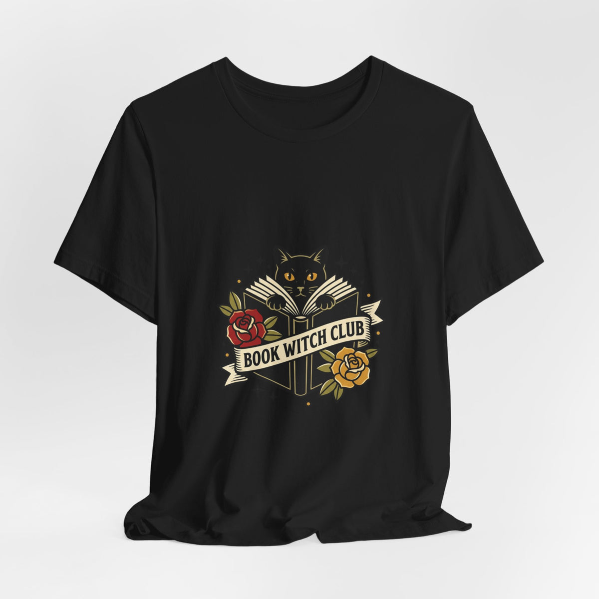 Book Witch Club tee | Traditional tattoo flash cat, roses, banner