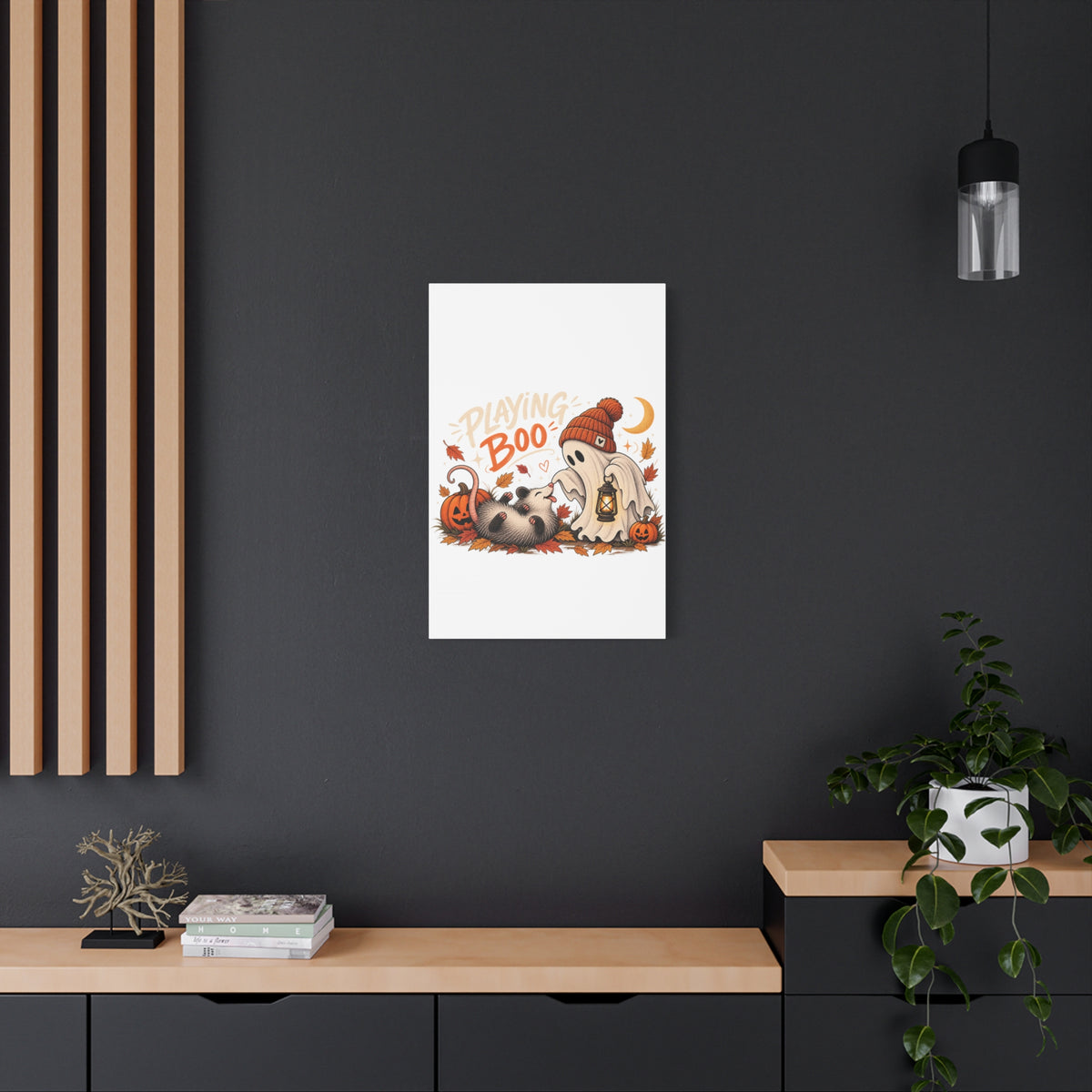 Playing Boo Canvas Wall Art — Cute Halloween Ghost & Possum Matte Stretched Print