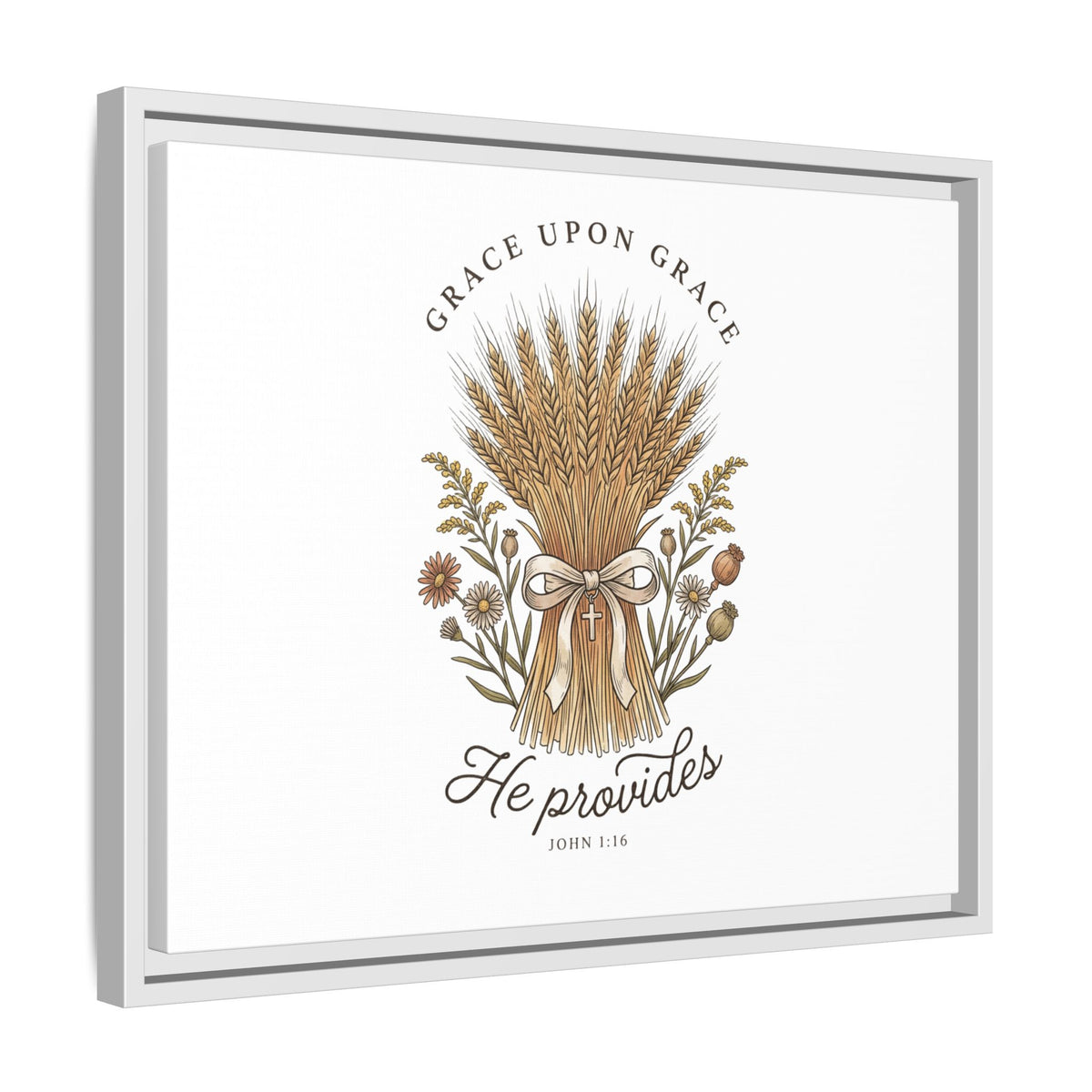 Framed Matte Canvas Wall Art — "He Provides" Wheat & Floral Religious Print