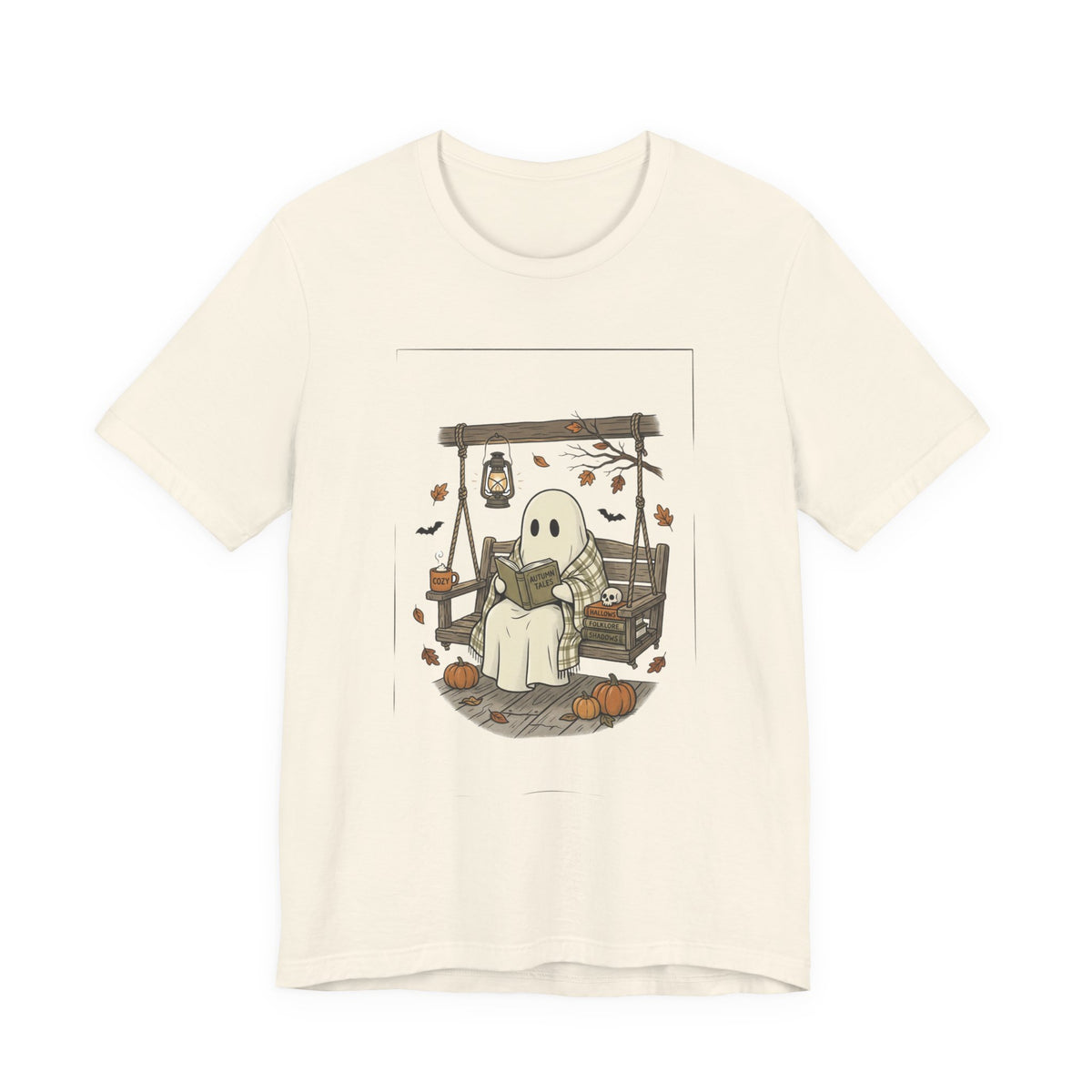 Ghost Reading in Armchair T-Shirt | Spooky Reader, Pumpkin & Candle