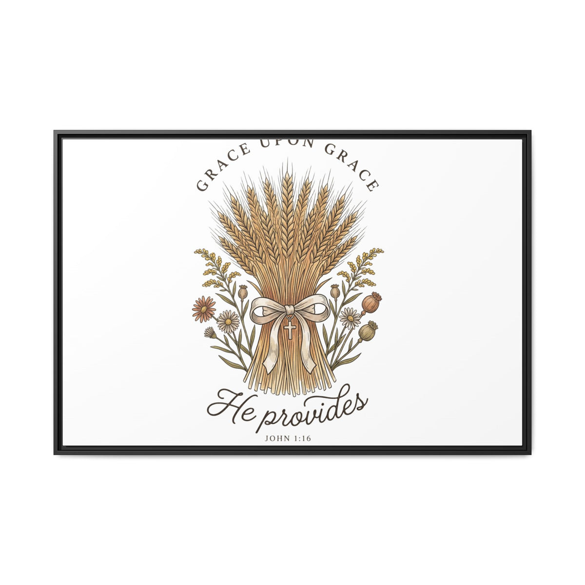 Framed Matte Canvas Wall Art — "He Provides" Wheat & Floral Religious Print