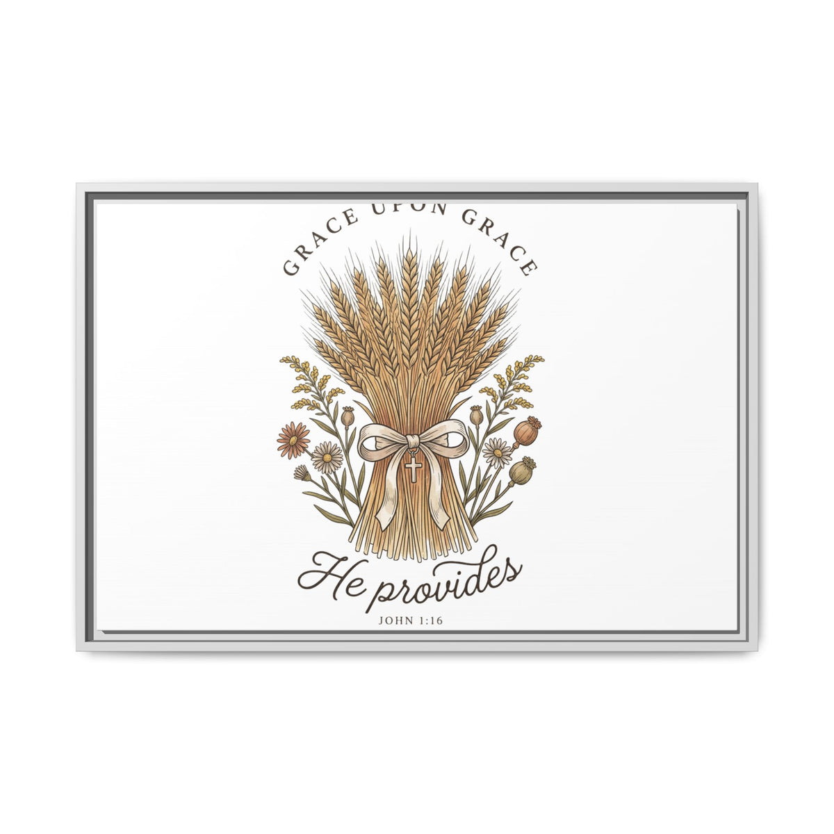 Framed Matte Canvas Wall Art — "He Provides" Wheat & Floral Religious Print
