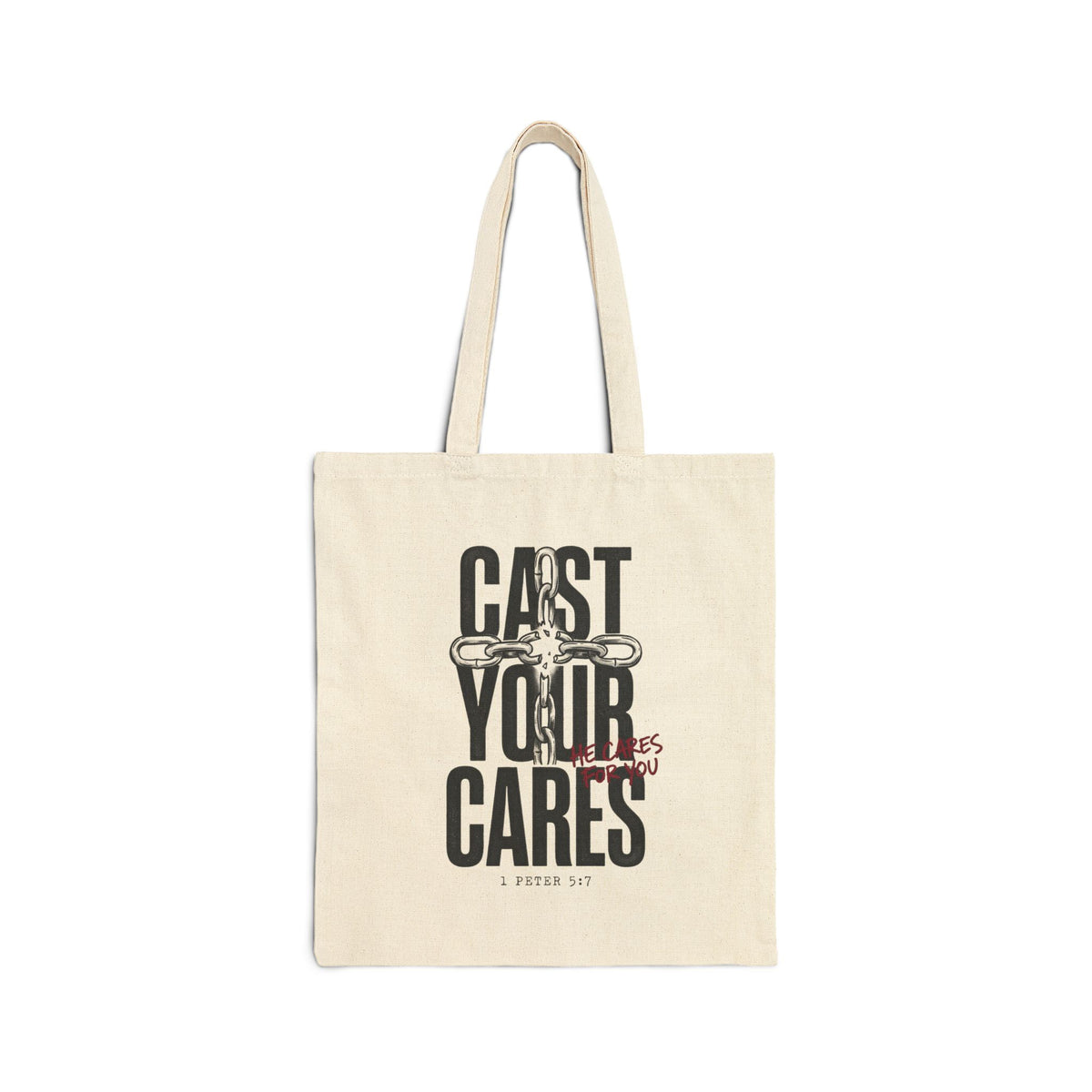 Cast Your Cares Tote | Christian Streetwear, Scripture Cross Graphic