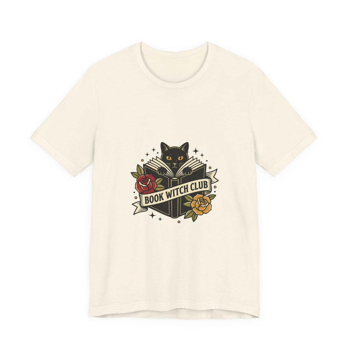 Book Witch Club tee | Traditional tattoo flash cat, roses, banner