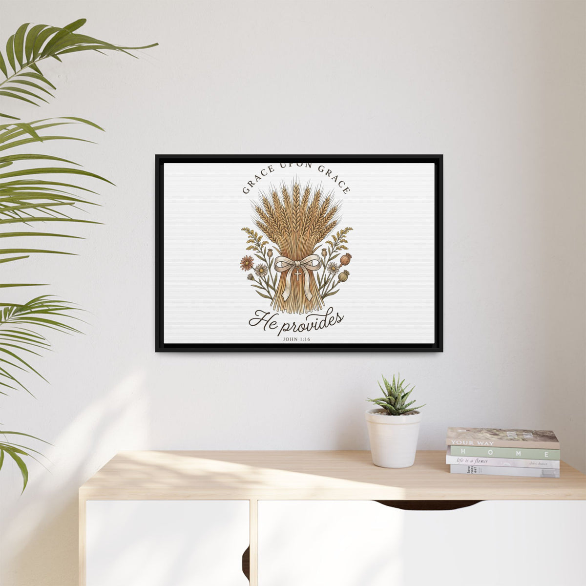 Framed Matte Canvas Wall Art — "He Provides" Wheat & Floral Religious Print