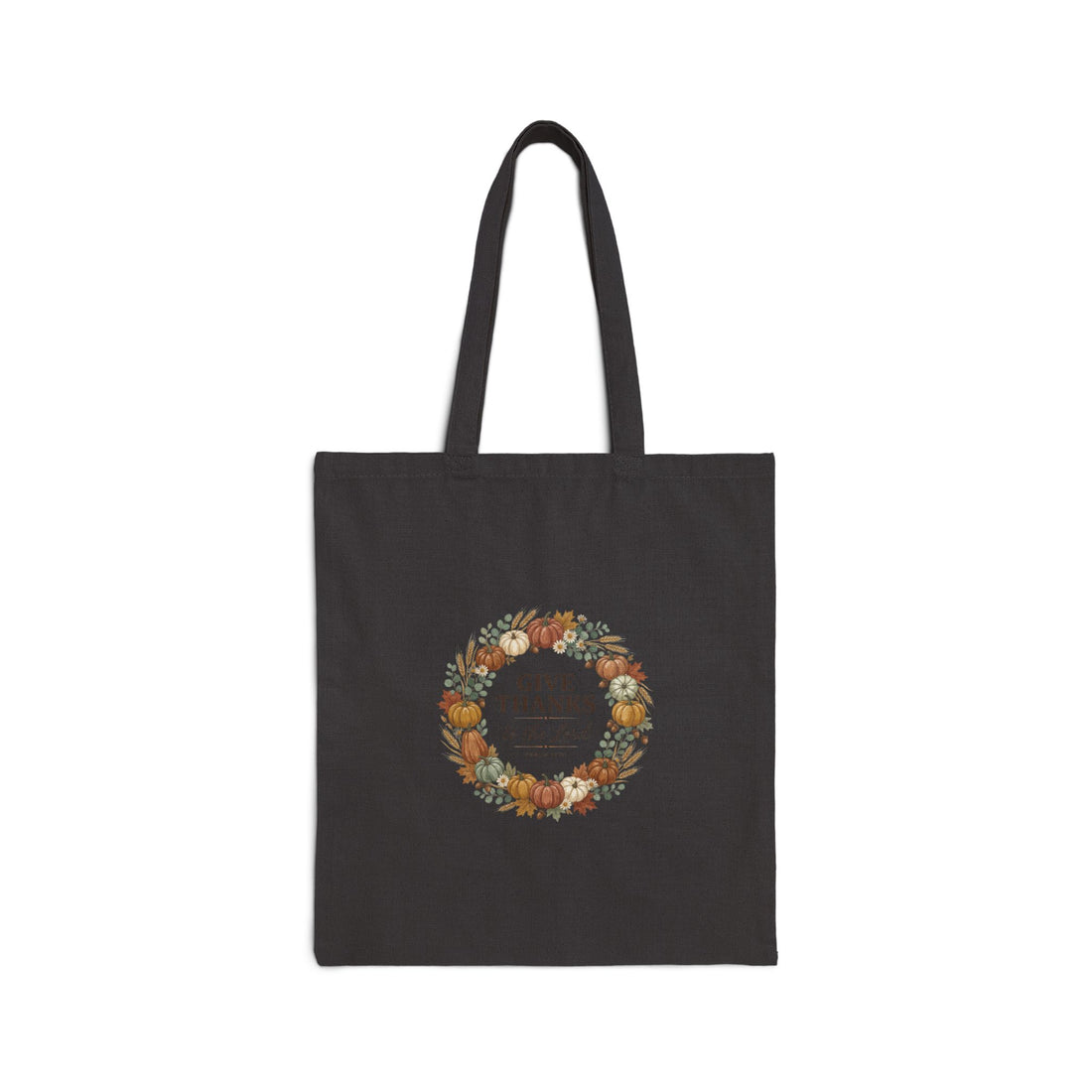 Give Thanks Wreath Tote, Christian Autumn, Fall Leaves Pumpkin Floral Canvas Tote