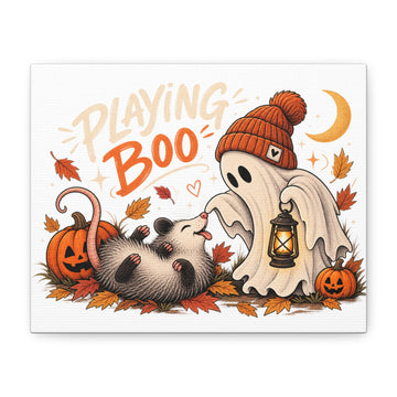 Playing Boo Canvas Wall Art — Cute Halloween Ghost & Possum Matte Stretched Print