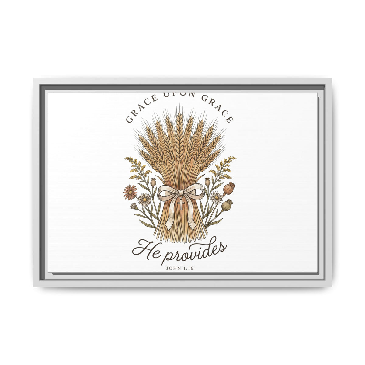 Framed Matte Canvas Wall Art — "He Provides" Wheat & Floral Religious Print