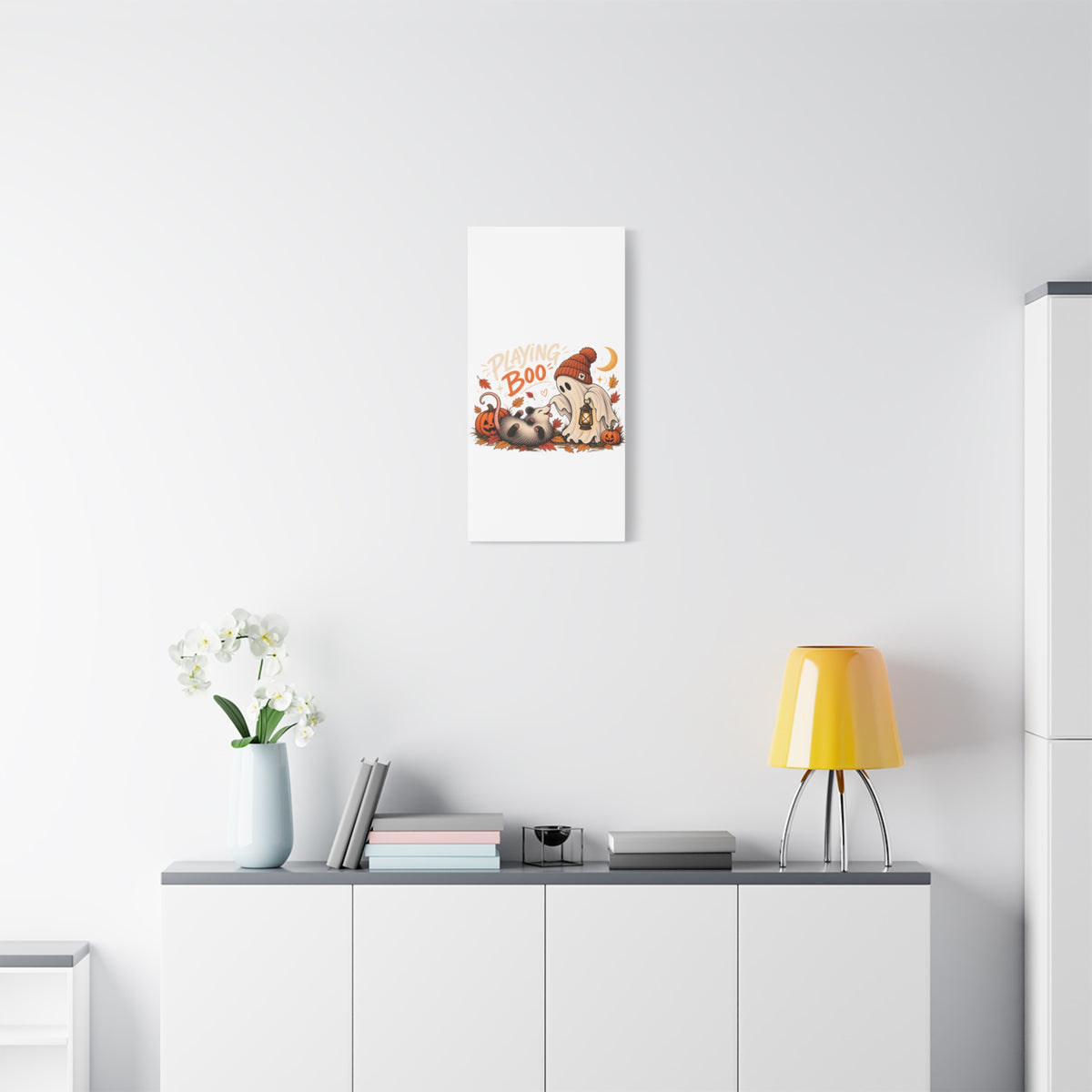 Playing Boo Canvas Wall Art — Cute Halloween Ghost & Possum Matte Stretched Print
