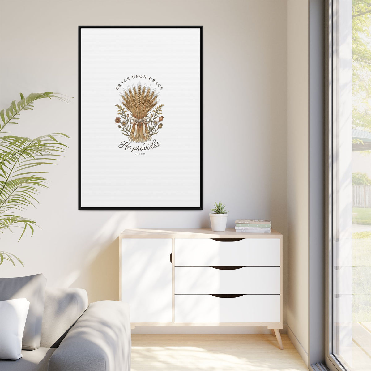 Framed Matte Canvas Wall Art — "He Provides" Wheat & Floral Religious Print
