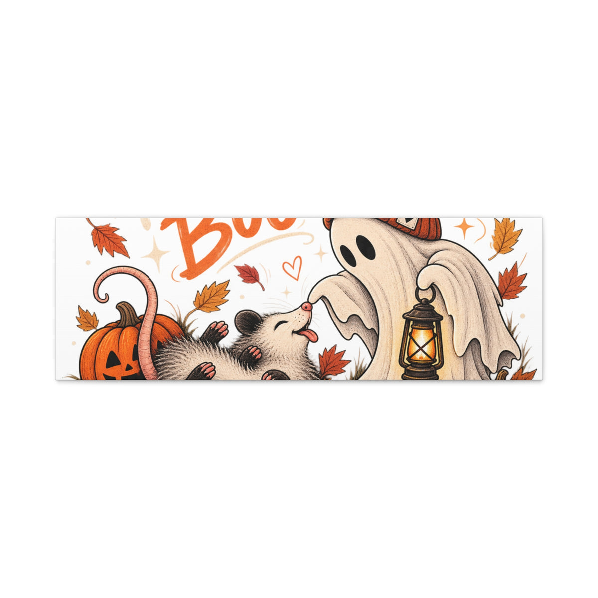 Playing Boo Canvas Wall Art — Cute Halloween Ghost & Possum Matte Stretched Print