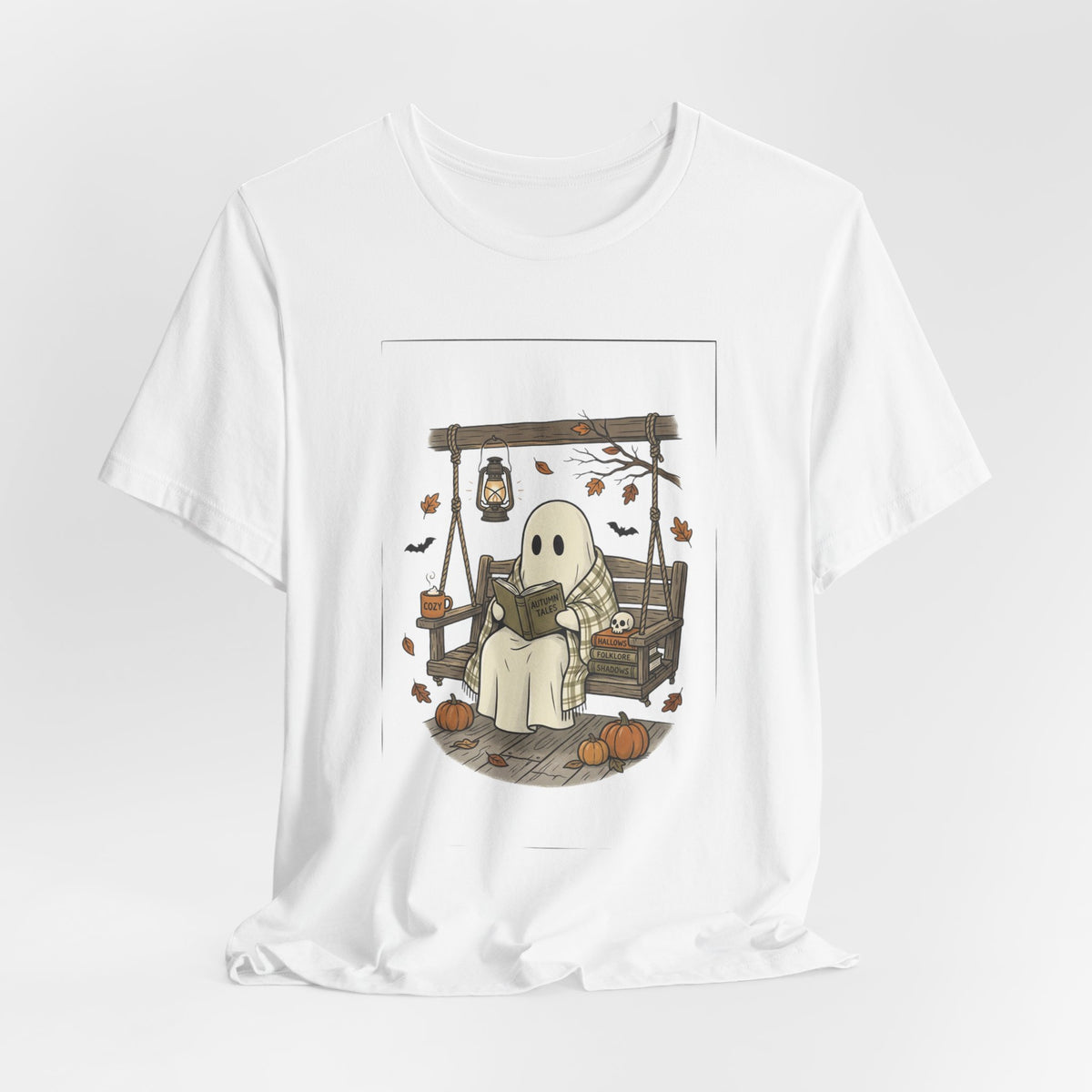 Ghost Reading in Armchair T-Shirt | Spooky Reader, Pumpkin & Candle
