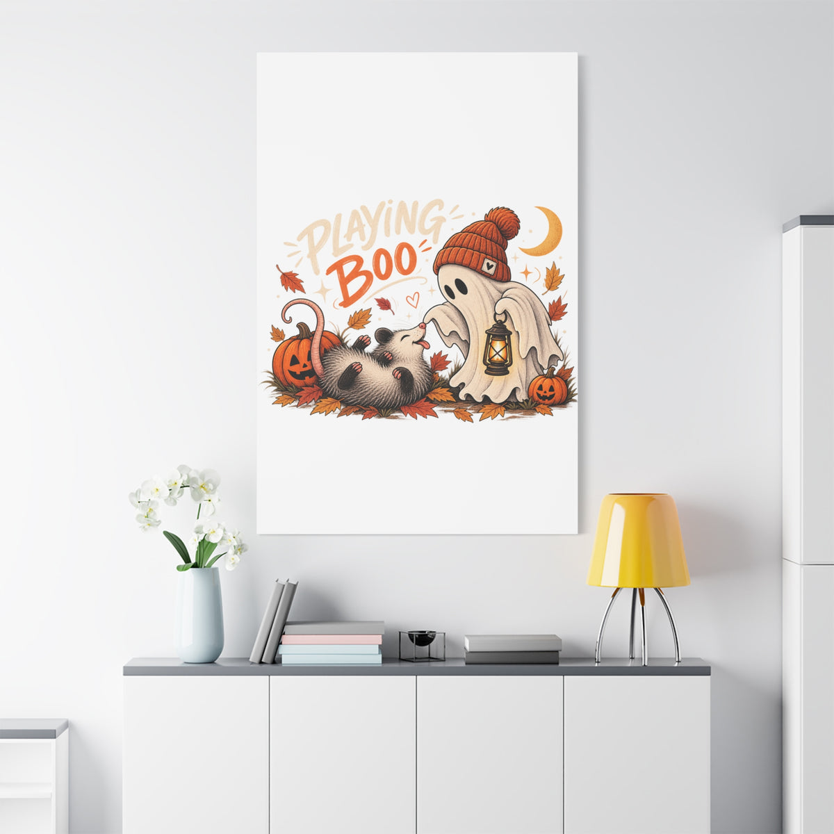 Playing Boo Canvas Wall Art — Cute Halloween Ghost & Possum Matte Stretched Print