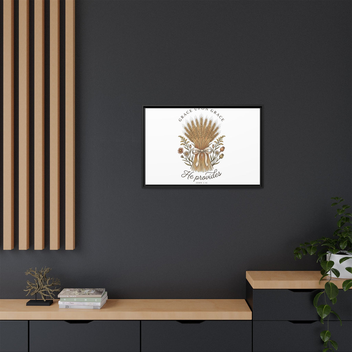 Framed Matte Canvas Wall Art — "He Provides" Wheat & Floral Religious Print