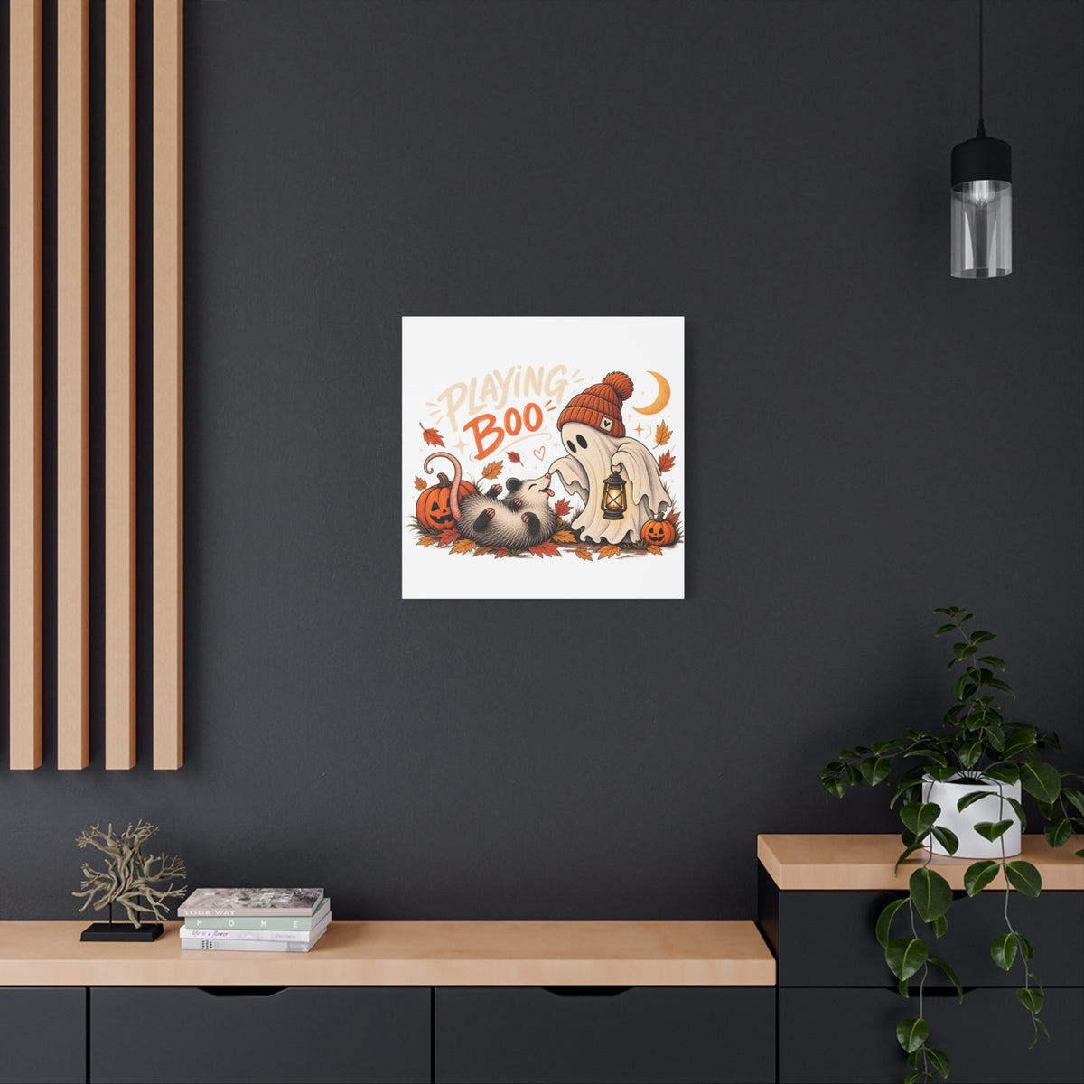 Playing Boo Canvas Wall Art — Cute Halloween Ghost & Possum Matte Stretched Print