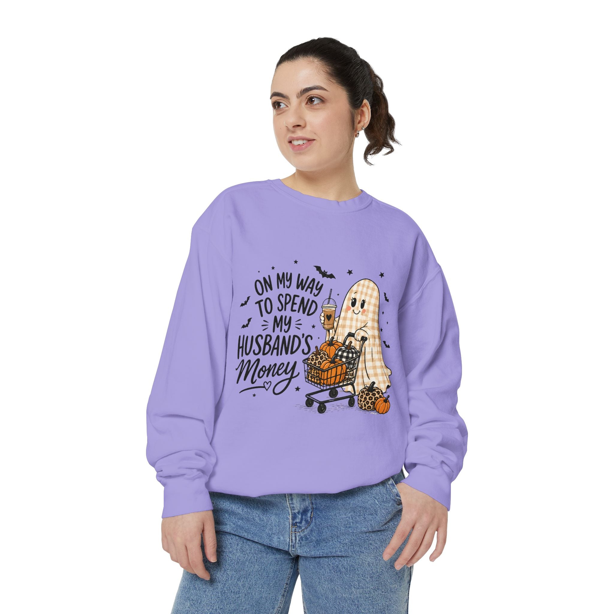 Halloween Ghost Sweatshirt — “On My Way to Spend My Husband’s Money” Cozy Pullover