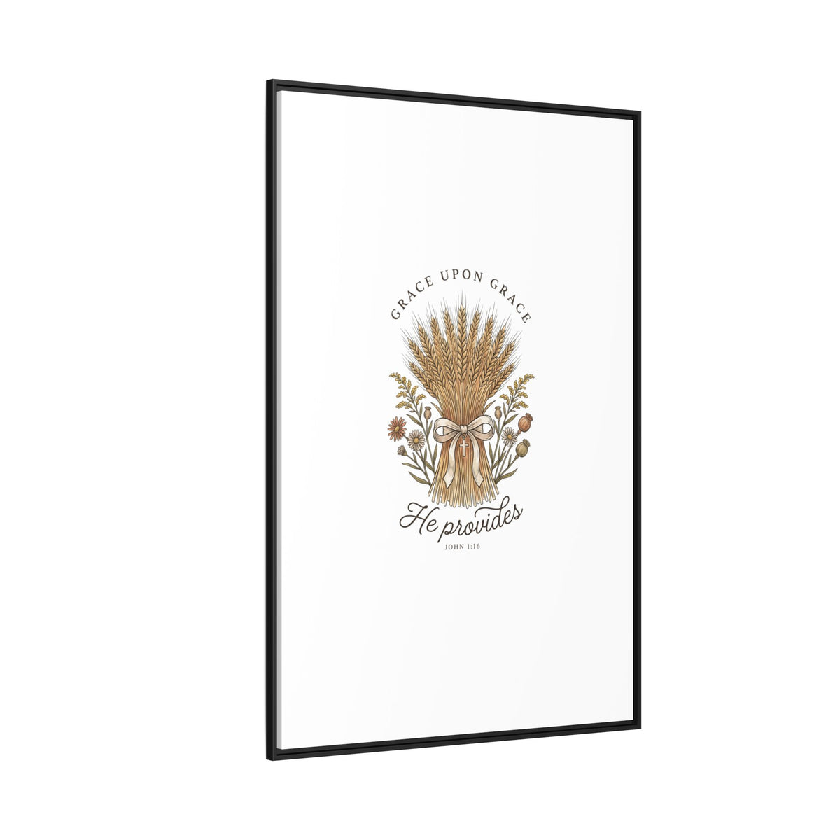 Framed Matte Canvas Wall Art — "He Provides" Wheat & Floral Religious Print