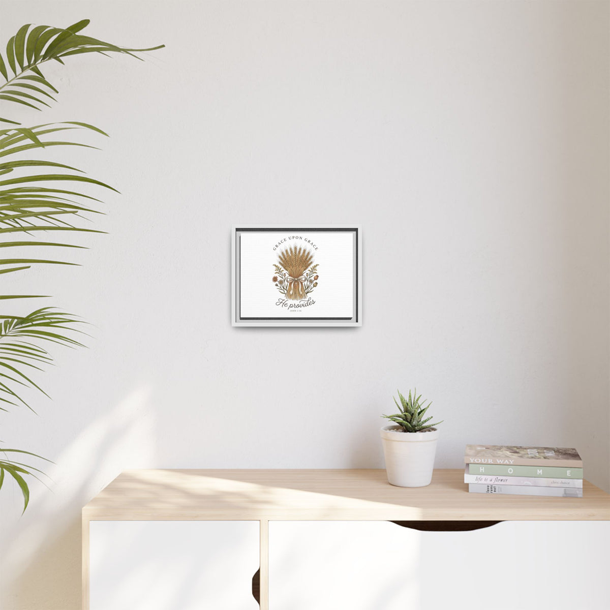Framed Matte Canvas Wall Art — "He Provides" Wheat & Floral Religious Print