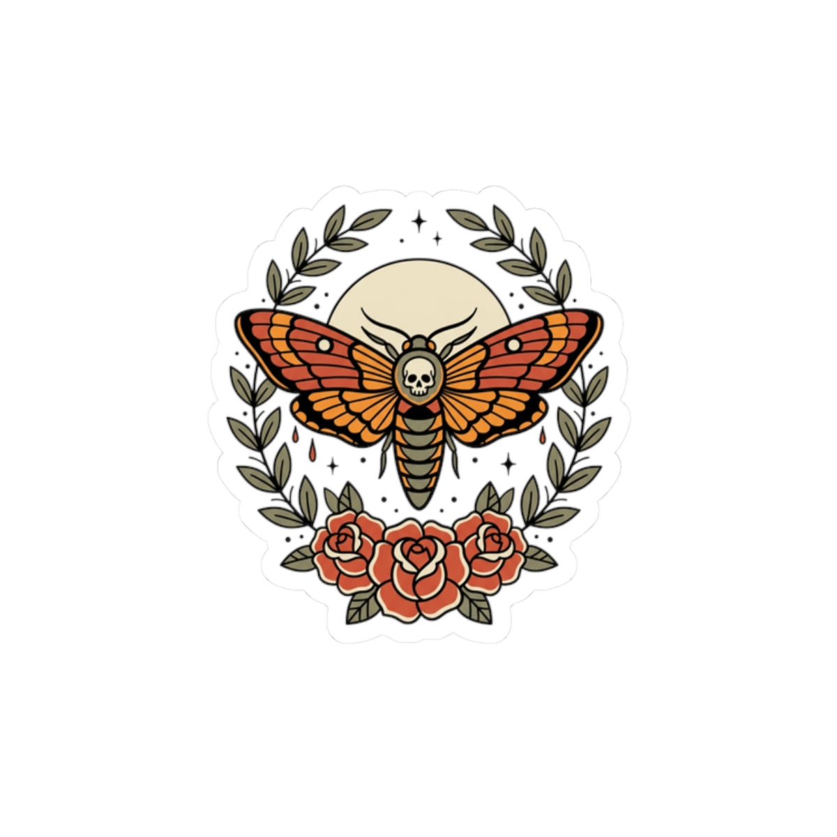 Death's-Head Moth Kiss-Cut Sticker | Traditional Tattoo Floral Flash
