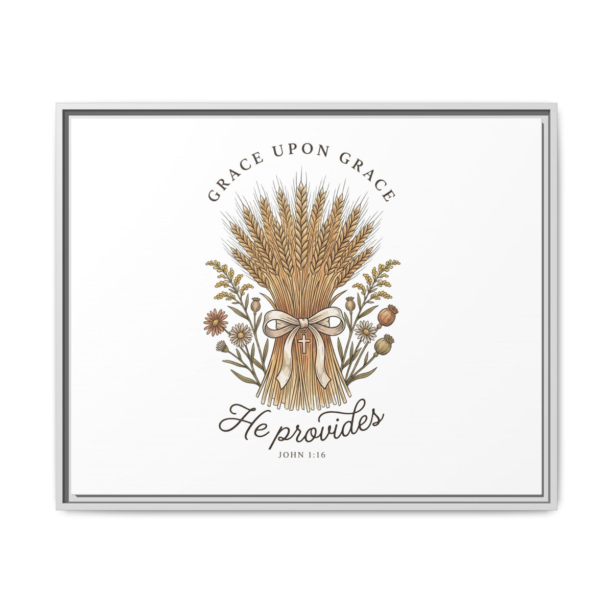 Framed Matte Canvas Wall Art — "He Provides" Wheat & Floral Religious Print