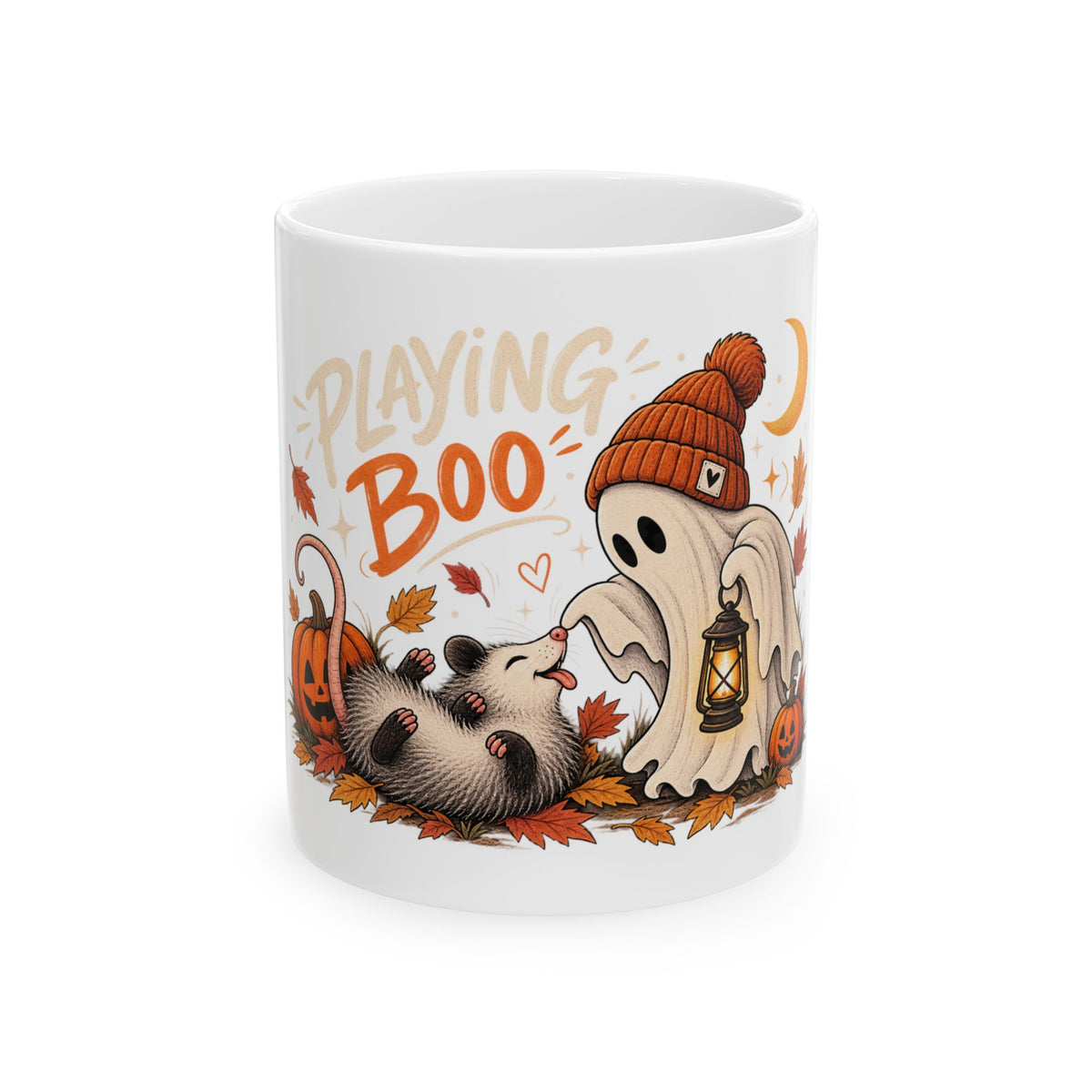 Halloween Ghost & Raccoon Mug - "Playing Boo" Ceramic Coffee Cup (11oz/15oz)