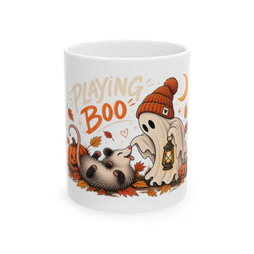 Halloween Ghost & Raccoon Mug - "Playing Boo" Ceramic Coffee Cup (11oz/15oz)
