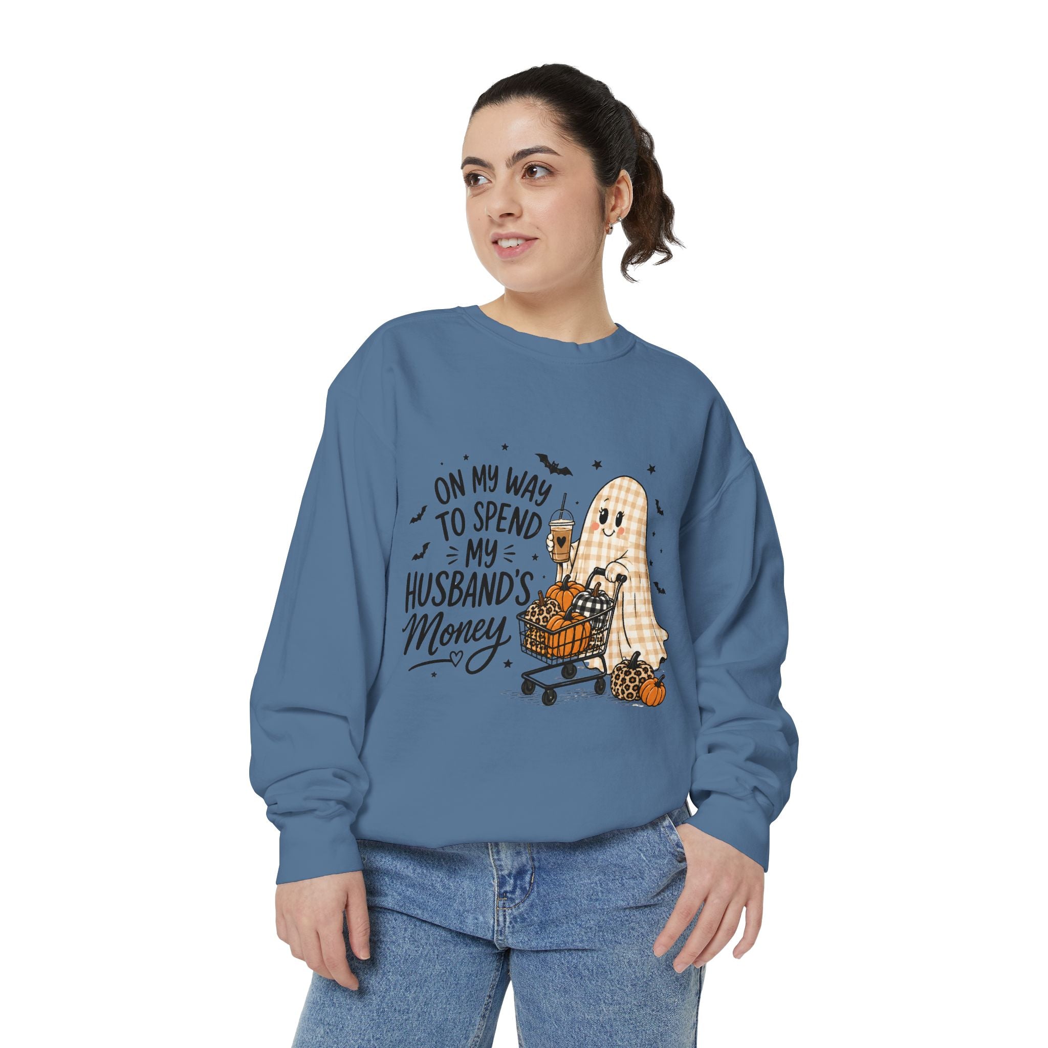 Halloween Ghost Sweatshirt — “On My Way to Spend My Husband’s Money” Cozy Pullover