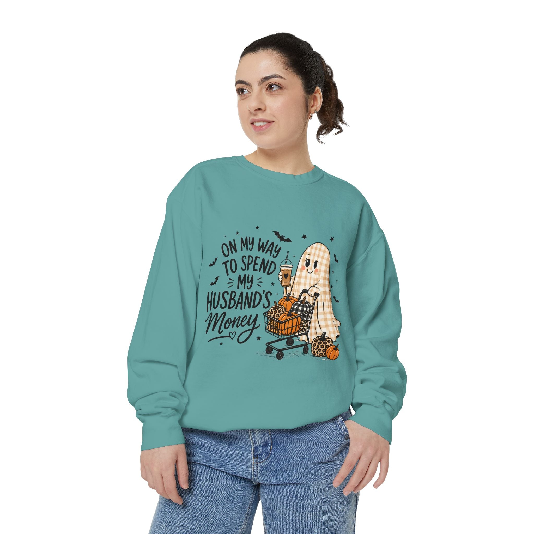 Halloween Ghost Sweatshirt — “On My Way to Spend My Husband’s Money” Cozy Pullover