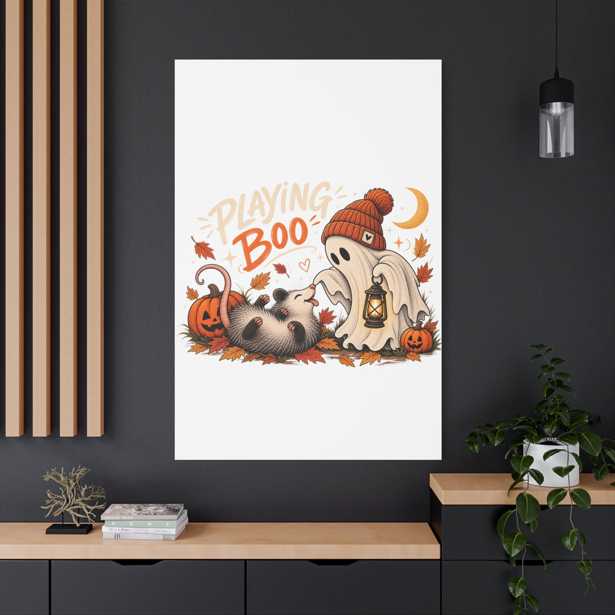 Playing Boo Canvas Wall Art — Cute Halloween Ghost & Possum Matte Stretched Print