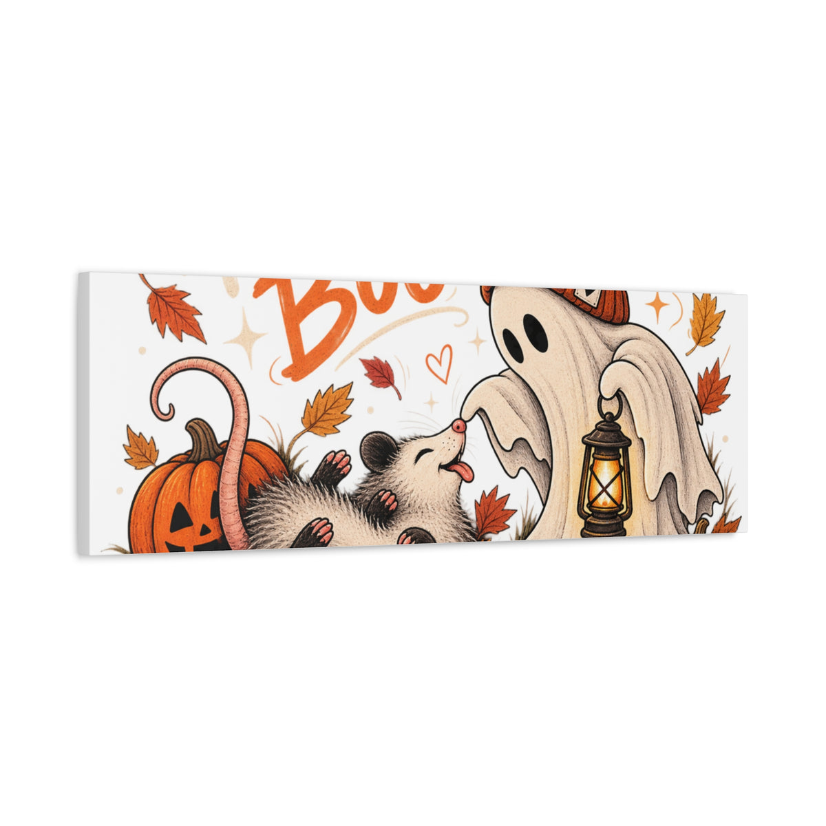 Playing Boo Canvas Wall Art — Cute Halloween Ghost & Possum Matte Stretched Print