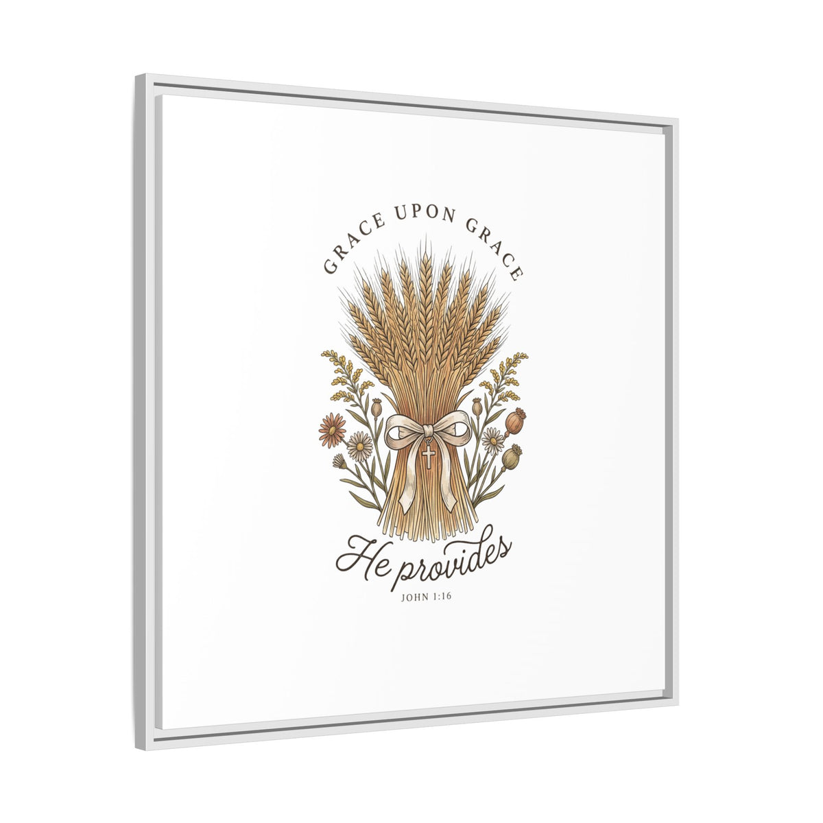 Framed Matte Canvas Wall Art — "He Provides" Wheat & Floral Religious Print