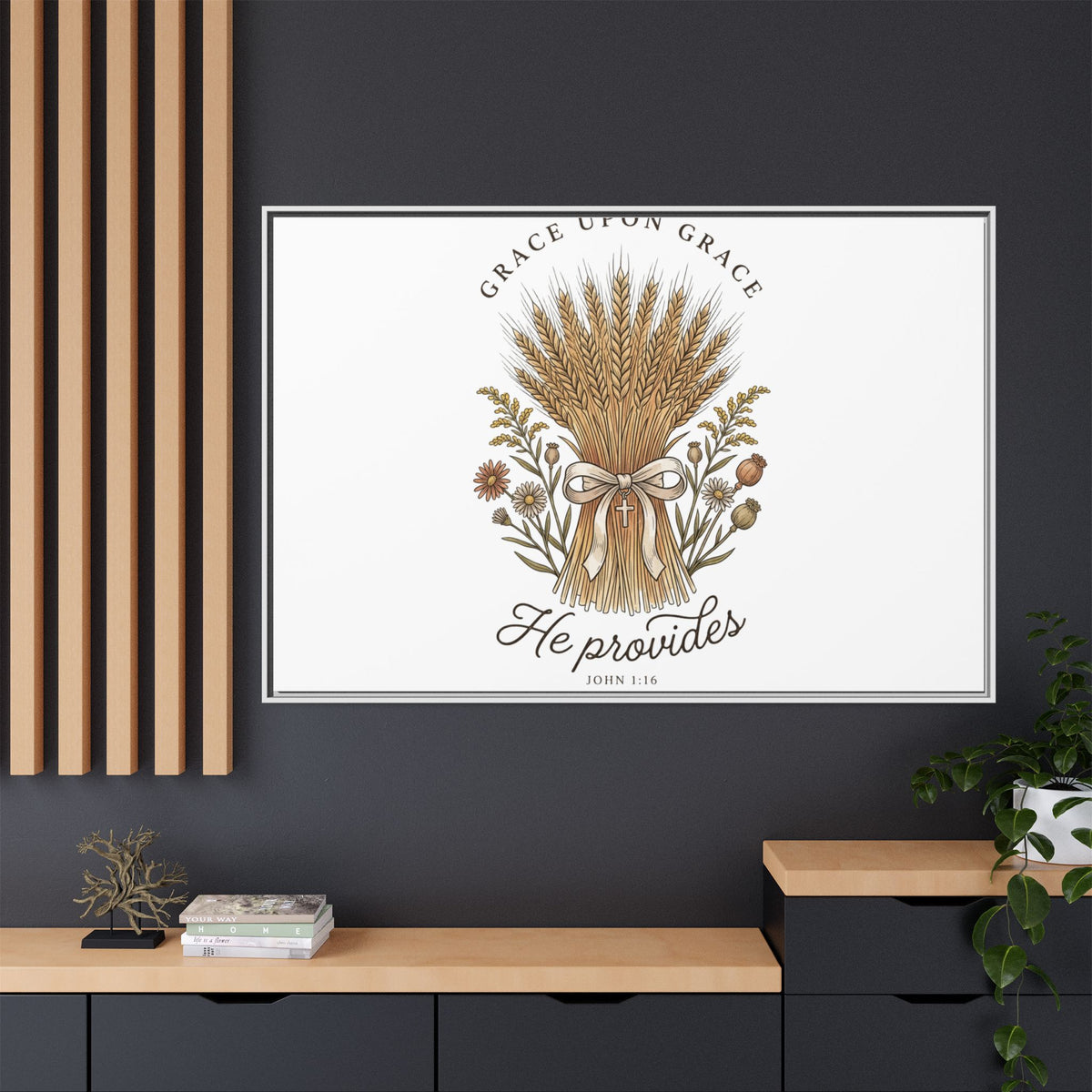 Framed Matte Canvas Wall Art — "He Provides" Wheat & Floral Religious Print