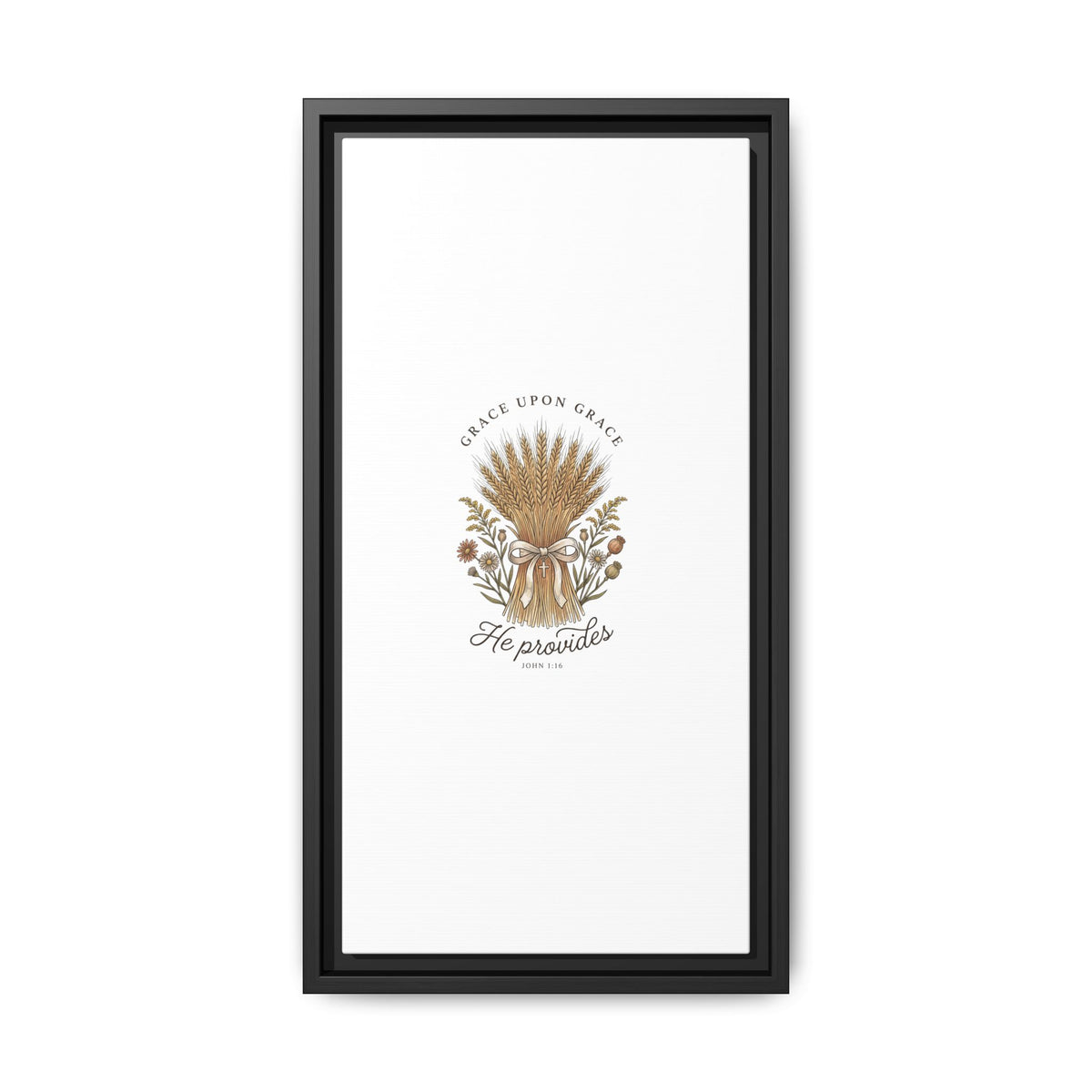 Framed Matte Canvas Wall Art — "He Provides" Wheat & Floral Religious Print