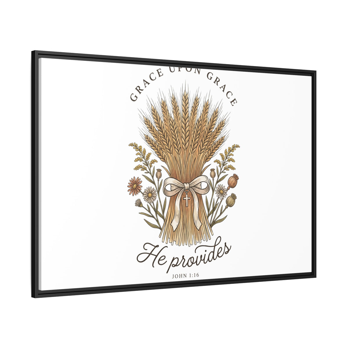 Framed Matte Canvas Wall Art — "He Provides" Wheat & Floral Religious Print
