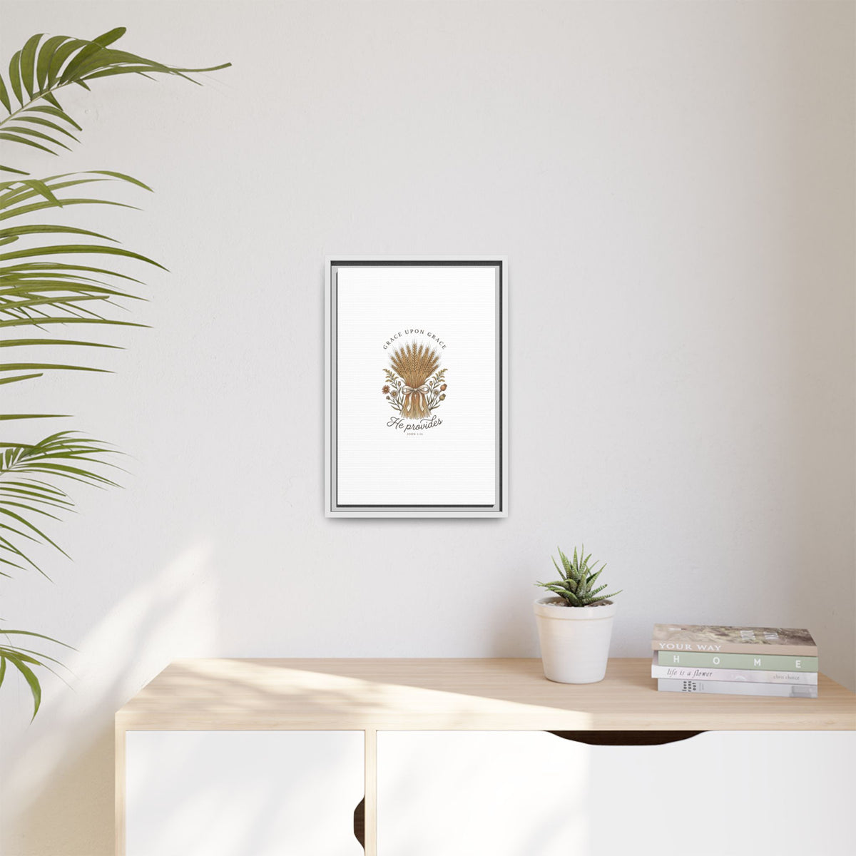 Framed Matte Canvas Wall Art — "He Provides" Wheat & Floral Religious Print