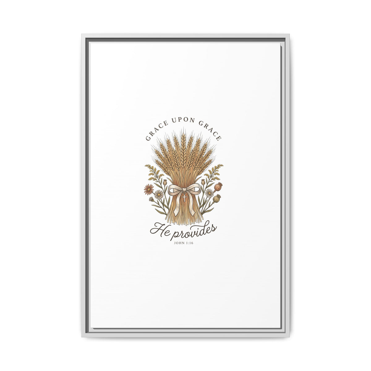 Framed Matte Canvas Wall Art — "He Provides" Wheat & Floral Religious Print
