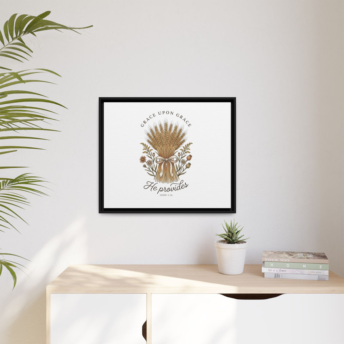 Framed Matte Canvas Wall Art — "He Provides" Wheat & Floral Religious Print