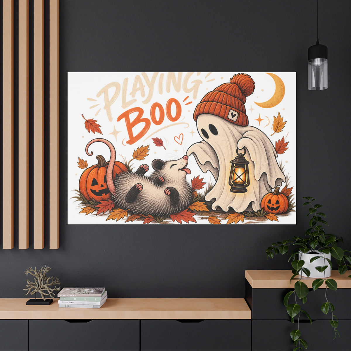 Playing Boo Canvas Wall Art — Cute Halloween Ghost & Possum Matte Stretched Print