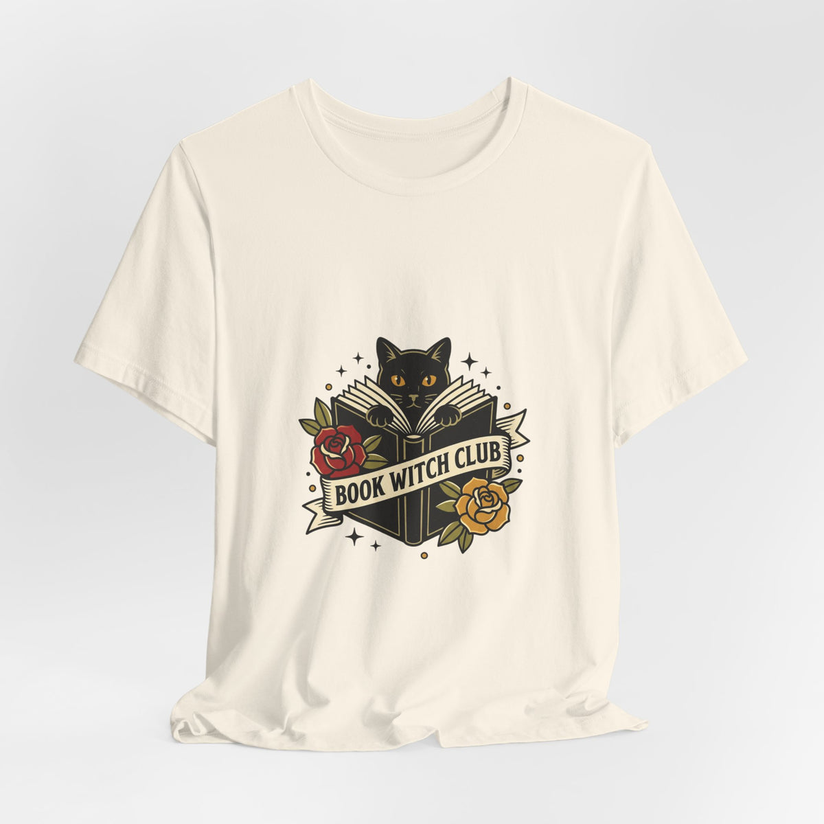 Book Witch Club tee | Traditional tattoo flash cat, roses, banner