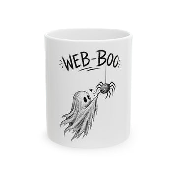Web-Boo Ceramic Mug — Cute Ghost & Spider Halloween Coffee Cup (11oz, 15oz)