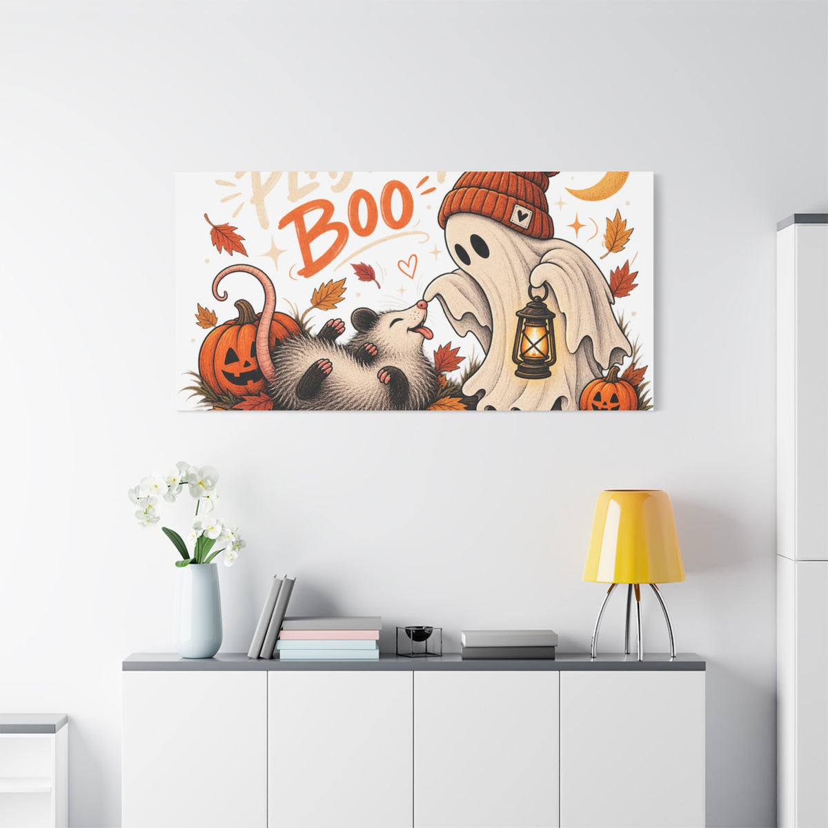 Playing Boo Canvas Wall Art — Cute Halloween Ghost & Possum Matte Stretched Print