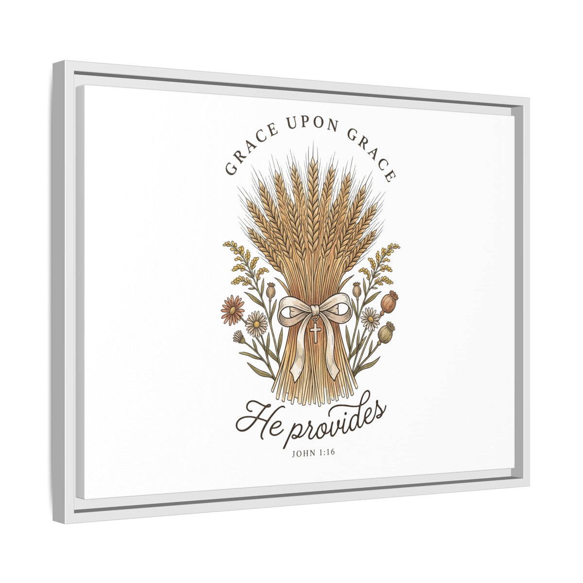 Framed Matte Canvas Wall Art — "He Provides" Wheat & Floral Religious Print