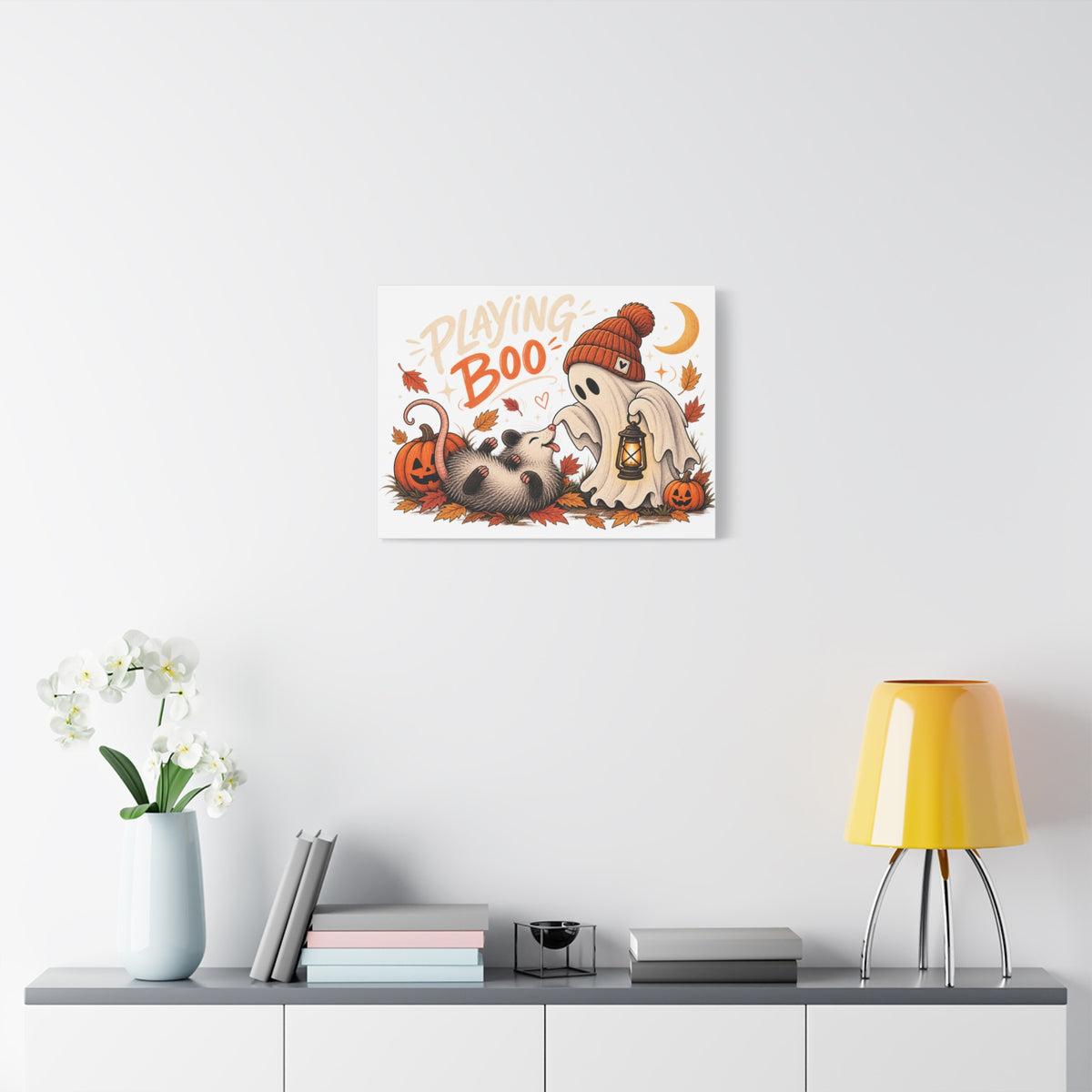 Playing Boo Canvas Wall Art — Cute Halloween Ghost & Possum Matte Stretched Print