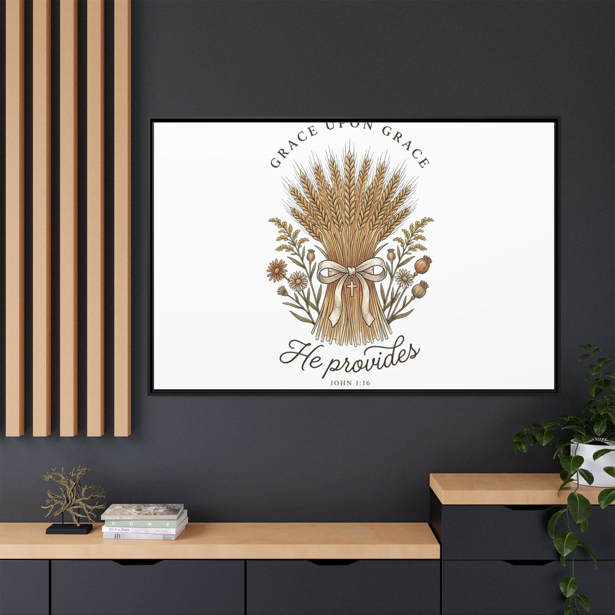 Framed Matte Canvas Wall Art — "He Provides" Wheat & Floral Religious Print