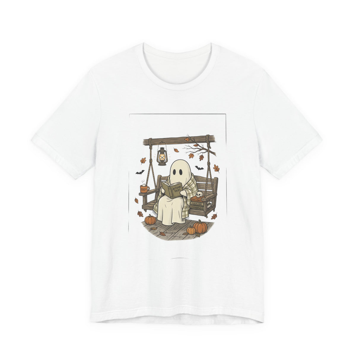 Ghost Reading in Armchair T-Shirt | Spooky Reader, Pumpkin & Candle