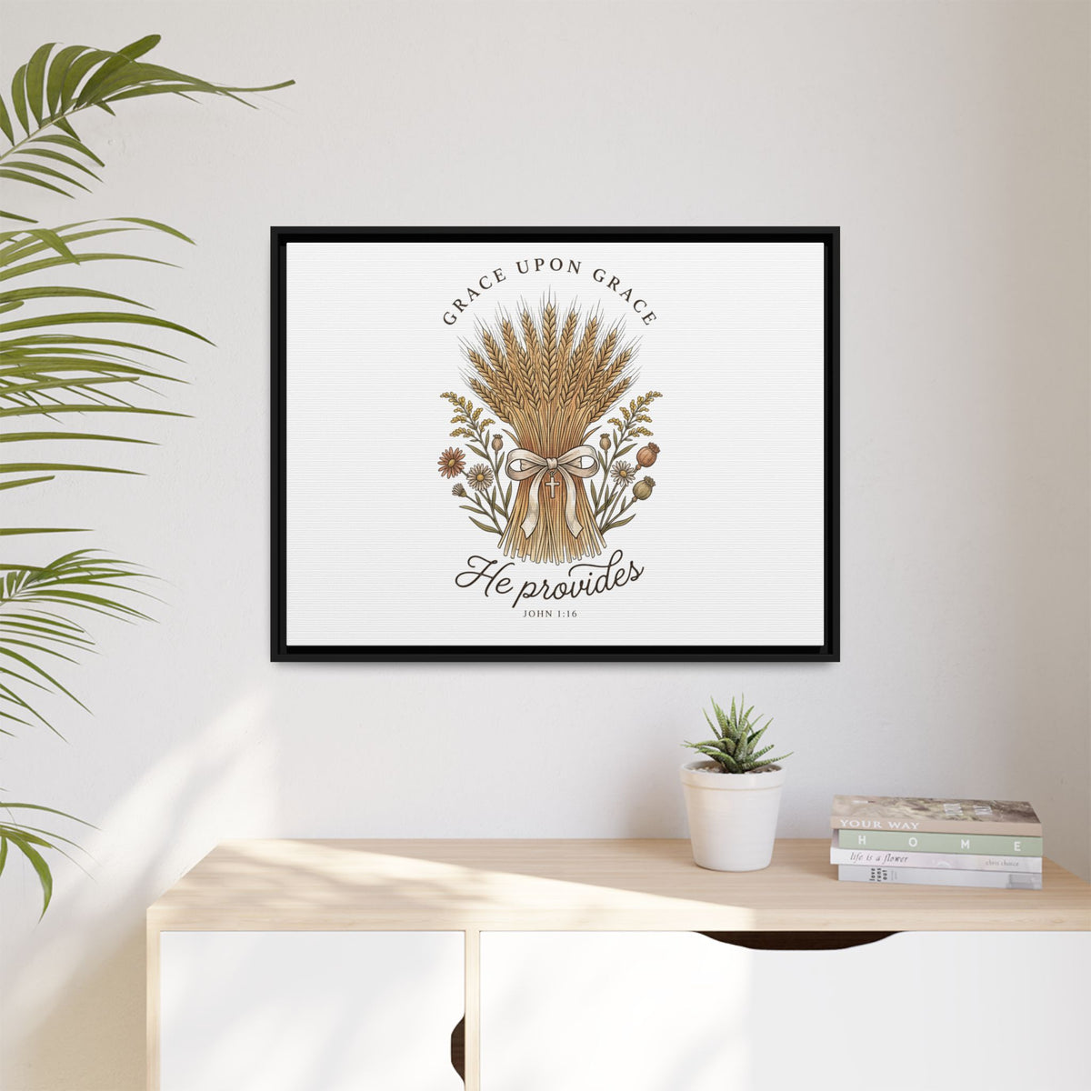 Framed Matte Canvas Wall Art — "He Provides" Wheat & Floral Religious Print