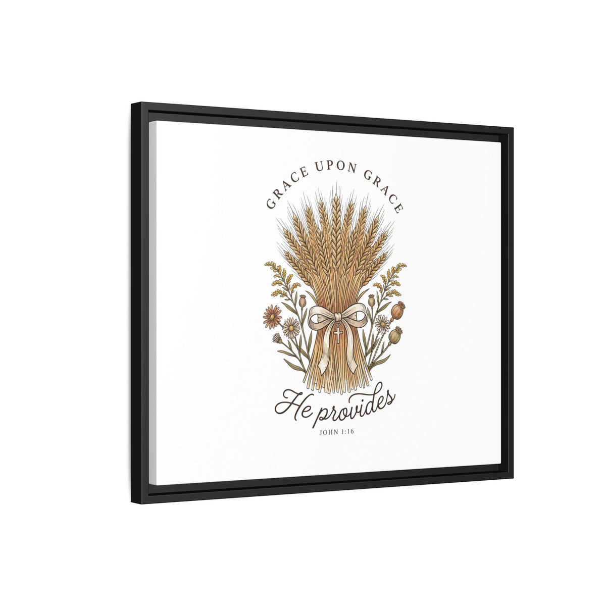 Framed Matte Canvas Wall Art — "He Provides" Wheat & Floral Religious Print