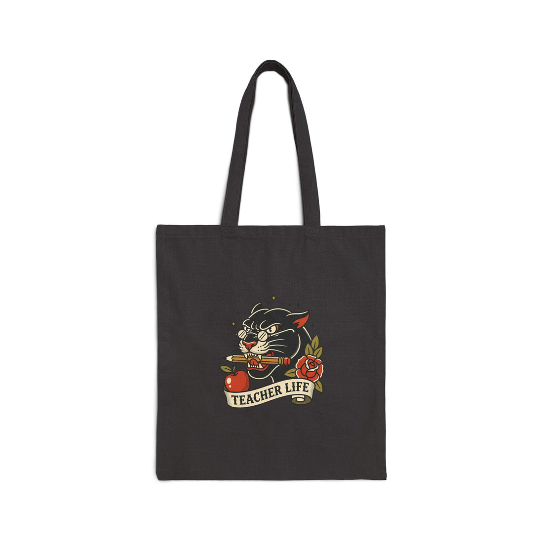 Teacher Life Tote, Traditional Tattoo-Style Cat, Banner, Roses