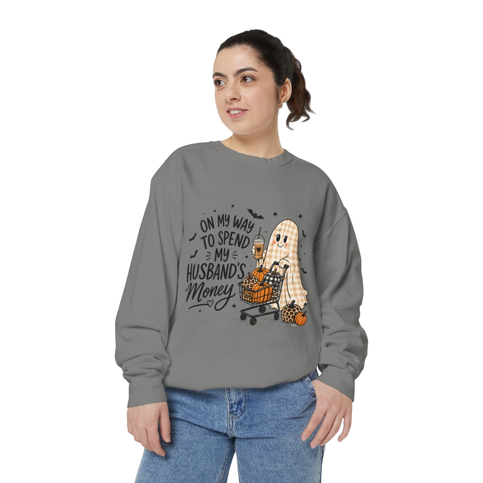 Halloween Ghost Sweatshirt — “On My Way to Spend My Husband’s Money” Cozy Pullover