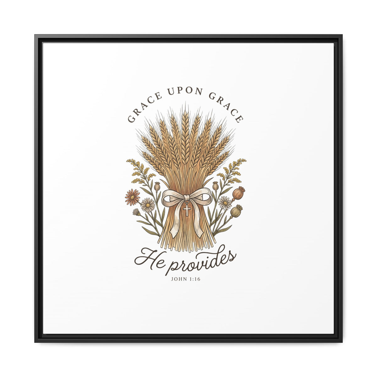 Framed Matte Canvas Wall Art — "He Provides" Wheat & Floral Religious Print